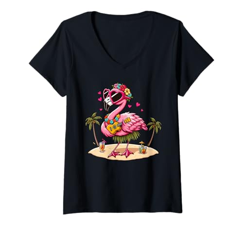 Damen Flamingo Hawaii-Kostüm Kinder Sommer Urlaub Flamingo T-Shirt mit V-Ausschnitt Damen Flamingo Hawaii-Kostüm Kinder Sommer Urlaub Flamingo T-Shirt mit V-Ausschnitt von Funny Hawaii Flamingo Summer Costume For Women Men
