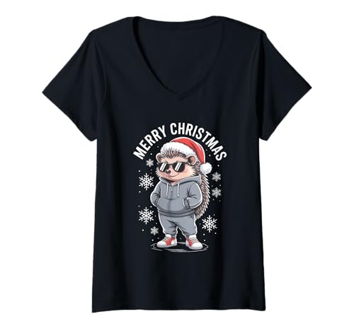 Damen Weihnachtsmütze Igel T-Shirt mit V-Ausschnitt Damen Weihnachtsmütze Igel T-Shirt mit V-Ausschnitt von Funny Hedgehog Santa Hat Apparel