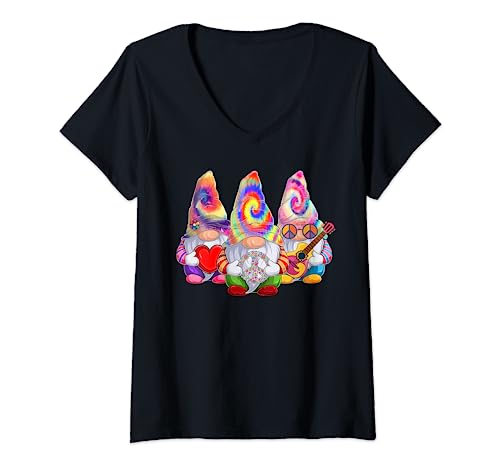 Damen Drei Hippie-Zwerge, Retro, Batik, ein Frieden, Liebe, Zwerge T-Shirt mit V-Ausschnitt Damen Drei Hippie-Zwerge, Retro, Batik, ein Frieden, Liebe, Zwerge T-Shirt mit V-Ausschnitt von Funny Hippie Gnomes the Love Peace Hippie Gnome