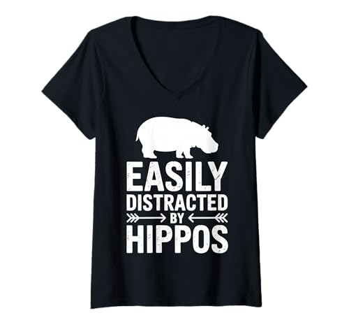 Damen Distracted by Hippos Lustiges Nilpferd T-Shirt mit V-Ausschnitt Damen Distracted by Hippos Lustiges Nilpferd T-Shirt mit V-Ausschnitt von Funny Hippopotamus Cool Hippo Design