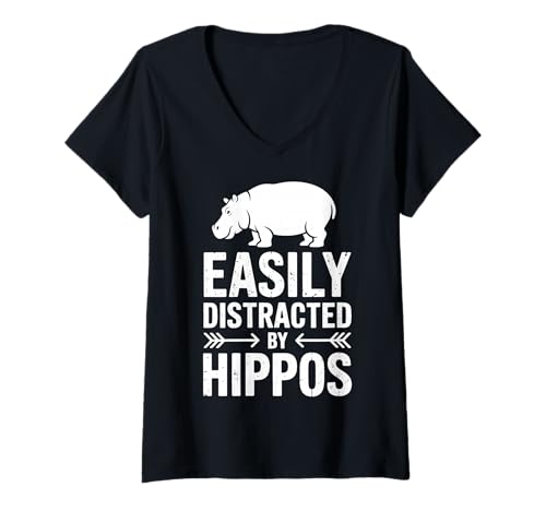 Damen Distracted by Hippos Lustiges Nilpferd T-Shirt mit V-Ausschnitt Damen Distracted by Hippos Lustiges Nilpferd T-Shirt mit V-Ausschnitt von Funny Hippopotamus Cool Hippo Designs