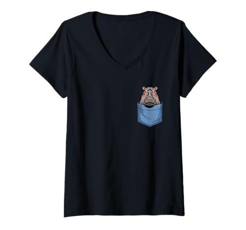 Damen Niedliches Nilpferd-Safari-Tierliebhaber T-Shirt mit V-Ausschnitt Damen Niedliches Nilpferd-Safari-Tierliebhaber T-Shirt mit V-Ausschnitt von Funny Hippopotamus in Pocket for Wildlife Lover