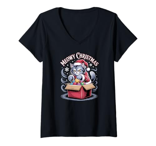 Damen Lustiges Weihnachtskatzen-Wortspiel von Meowy T-Shirt mit V-Ausschnitt von Funny Holiday Cat Apparel Gifts by Anastasia