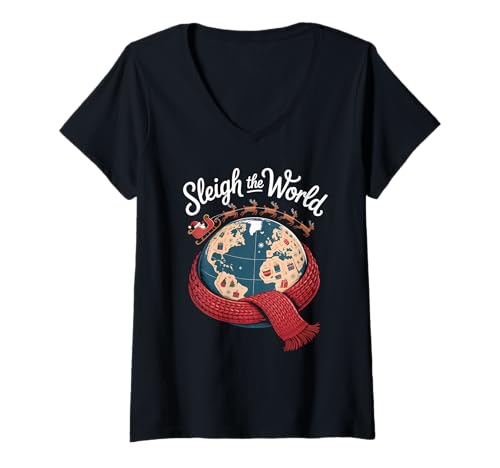 Damen Sleigh The World Lustige Weihnachts-Schneekugel T-Shirt mit V-Ausschnitt Damen Sleigh The World Lustige Weihnachts-Schneekugel T-Shirt mit V-Ausschnitt von Funny Holiday Earth Apparel Gifts by Anastasia