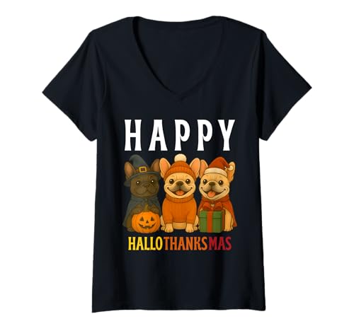 Damen Happy Hallothanksmas Frenchie Süße französische Bulldogge Halloween T-Shirt mit V-Ausschnitt Damen Happy Hallothanksmas Frenchie Süße französische Bulldogge Halloween T-Shirt mit V-Ausschnitt von Funny Holiday Halloween Thanksgiving Christmas