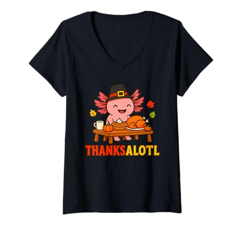 Damen Cute Thanksalotl Axolotl Thanksgiving Day Pumpkin Autumn T-Shirt mit V-Ausschnitt Damen Cute Thanksalotl Axolotl Thanksgiving Day Pumpkin Autumn T-Shirt mit V-Ausschnitt von Funny Holiday Pun Kawaii Axolotls Animals Costume