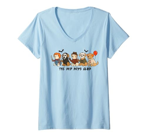 Damen Lustige Hunde in Kostümen, Horrorfilm-Hunde, Halloween-Hund T-Shirt mit V-Ausschnitt von Funny Horror Movie Dogs Shirt For Dog Lovers