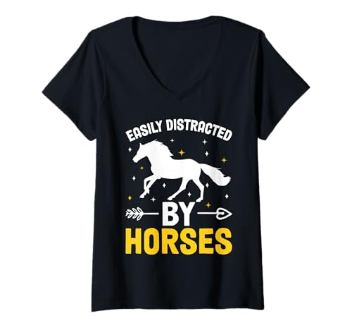 Damen Lässt Sich leicht von Pferden ablenken, lustiges Reittier T-Shirt mit V-Ausschnitt von Funny Horse Tees