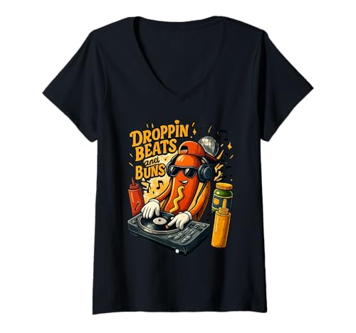 Damen Lustiger DJ Hot Dog Droppin Beats and Buns Musikkonzertliebhaber T-Shirt mit V-Ausschnitt Damen Lustiger DJ Hot Dog Droppin Beats and Buns Musikkonzertliebhaber T-Shirt mit V-Ausschnitt von Funny Hot Dog Lover Quote DJ
