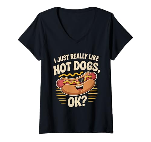 Damen Ich mag Hot Dogs einfach wirklich Ok Hot Doge Memes Ich Liebe Hot Dog T-Shirt mit V-Ausschnitt von Funny Hot Dog Shirts I Just Really Like Hot Dog T