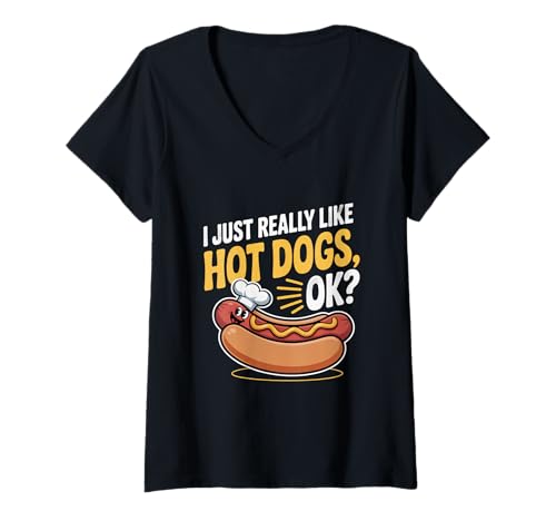 Damen Ich mag Hot Dogs einfach wirklich Ok Hot Doge Memes Ich Liebe Hot Dog T-Shirt mit V-Ausschnitt von Funny Hot Dog Shirts I Just Really Like Hot Dog T