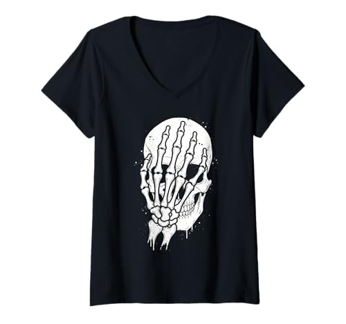 Damen Skelett Facepalm Halloween Lustig Gruselige Skelett Facepalm T-Shirt mit V-Ausschnitt Damen Skelett Facepalm Halloween Lustig Gruselige Skelett Facepalm T-Shirt mit V-Ausschnitt von Funny Humor Spooky Halloween Skeleton Hand