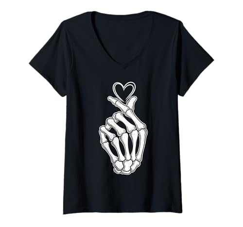Damen Skelett Hand Herz Schild Halloween Lustiges Gruselskelett T-Shirt mit V-Ausschnitt Damen Skelett Hand Herz Schild Halloween Lustiges Gruselskelett T-Shirt mit V-Ausschnitt von Funny Humor Spooky Halloween Skeleton Hand