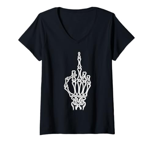 Damen Skelett Hand Mittelfinger Halloween Lustiges Gruselskelett T-Shirt mit V-Ausschnitt Damen Skelett Hand Mittelfinger Halloween Lustiges Gruselskelett T-Shirt mit V-Ausschnitt von Funny Humor Spooky Halloween Skeleton Hand
