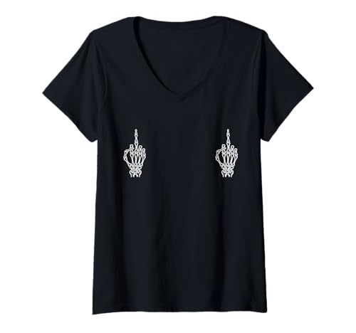 Damen Skelett Hand Mittelfinger Sing Halloween Lustig Gruselig T-Shirt mit V-Ausschnitt Damen Skelett Hand Mittelfinger Sing Halloween Lustig Gruselig T-Shirt mit V-Ausschnitt von Funny Humor Spooky Halloween Skeleton Hand