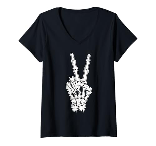 Damen Skelett Hand Peace Halloween Lustig Gruseliges Skelett Frieden T-Shirt mit V-Ausschnitt Damen Skelett Hand Peace Halloween Lustig Gruseliges Skelett Frieden T-Shirt mit V-Ausschnitt von Funny Humor Spooky Halloween Skeleton Hand