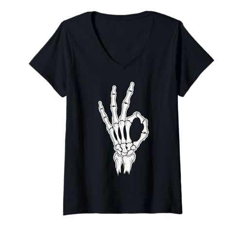 Damen Skelett OK Geste Halloween Lustiges Gruselskelett OK T-Shirt mit V-Ausschnitt Damen Skelett OK Geste Halloween Lustiges Gruselskelett OK T-Shirt mit V-Ausschnitt von Funny Humor Spooky Halloween Skeleton Hand