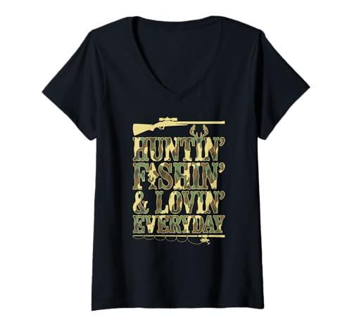 Damen Huntin' Fishin' & Lovin' Alltägliches Jagen Fischen T-Shirt mit V-Ausschnitt Damen Huntin' Fishin' & Lovin' Alltägliches Jagen Fischen T-Shirt mit V-Ausschnitt von Funny Hunting & Fishing Apparel