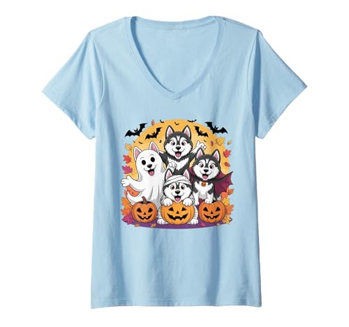Damen Süßer Husky Hund mit Kürbissen Herbstlaub Halloween-Kostüm T-Shirt mit V-Ausschnitt von Funny Husky Dog Lover Halloween Costume Gifts