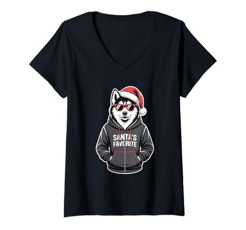 Damen Santa Husky Weihnachtshund T-Shirt mit V-Ausschnitt von Funny Husky Santa Hat Clo