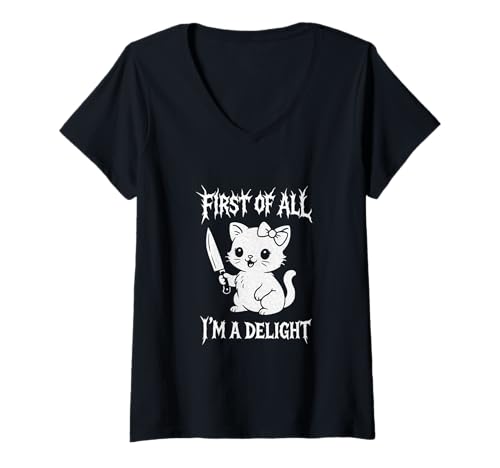 Damen Zuallererst bin ich ein köstliches süßes Kätzchen mit einem Messer T-Shirt mit V-Ausschnitt von Funny I'm a Delight Kitten Tees and Gifts