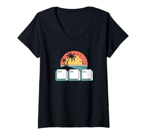 Damen Tech Vacation Humor - Ctrl Alt Esc Beach Escape T-Shirt mit V-Ausschnitt Damen Tech Vacation Humor - Ctrl Alt Esc Beach Escape T-Shirt mit V-Ausschnitt von Funny IT Office Vacation Designs
