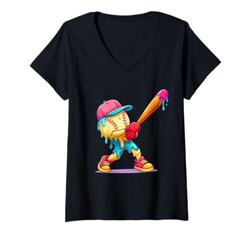 Damen Baseball Ice Cream Drip Sport Spieler & Fans Jungen Mädchen T-Shirt mit V-Ausschnitt Damen Baseball Ice Cream Drip Sport Spieler & Fans Jungen Mädchen T-Shirt mit V-Ausschnitt von Funny Ice Cream Baseball Dripping Staff & Coaches