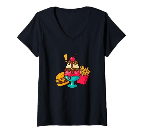 Damen Ice Cream Burger Fries Lustige Junk-Food-Kunst T-Shirt mit V-Ausschnitt Damen Ice Cream Burger Fries Lustige Junk-Food-Kunst T-Shirt mit V-Ausschnitt von Funny Ice Cream Burger Fries Junk Food Apparel