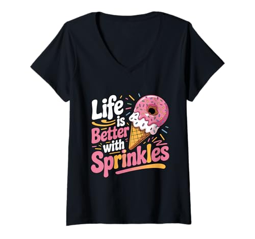Damen Das Leben ist Besser mit Streuseln Sweet Ice Cream Lover T-Shirt mit V-Ausschnitt Damen Das Leben ist Besser mit Streuseln Sweet Ice Cream Lover T-Shirt mit V-Ausschnitt von Funny Ice Cream Summer Designs