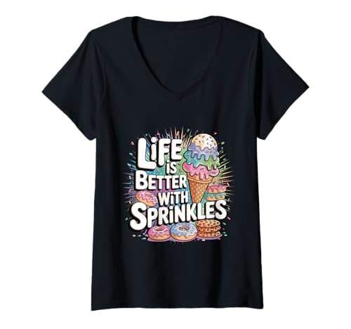 Damen Eisliebhaber: Mit Streuseln ist das Leben Besser T-Shirt mit V-Ausschnitt Damen Eisliebhaber: Mit Streuseln ist das Leben Besser T-Shirt mit V-Ausschnitt von Funny Ice Cream Summer Designs