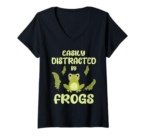 Damen Leicht von Fröschen abgelenkt, lustige Idee Frosch T-Shirt mit V-Ausschnitt Damen Leicht von Fröschen abgelenkt, lustige Idee Frosch T-Shirt mit V-Ausschnitt von Funny Idea Frog