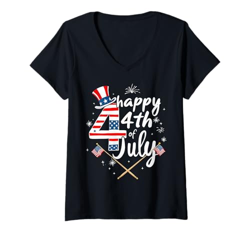 Damen Happy 4th of July Cute Crochet Style Patriotic Fireworks T-Shirt mit V-Ausschnitt Damen Happy 4th of July Cute Crochet Style Patriotic Fireworks T-Shirt mit V-Ausschnitt von Funny Independence Day American Fourth Of july