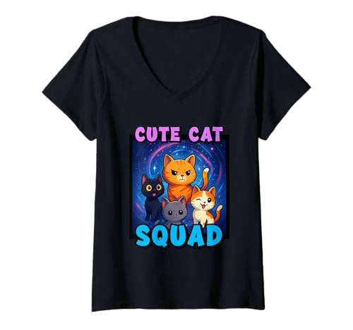 Damen Süße Cat Squad Clowder Gang T-Shirt mit V-Ausschnitt Damen Süße Cat Squad Clowder Gang T-Shirt mit V-Ausschnitt von Funny Inspiring Cat Lover Merch Store
