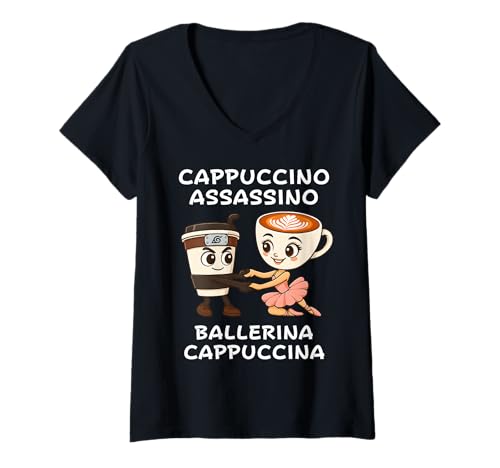Damen Cappuccino Assassino Ballerina Italienisch Brainrot Meme Kinder T-Shirt mit V-Ausschnitt Damen Cappuccino Assassino Ballerina Italienisch Brainrot Meme Kinder T-Shirt mit V-Ausschnitt von Funny Internet Humor Birthday or Couple Matching