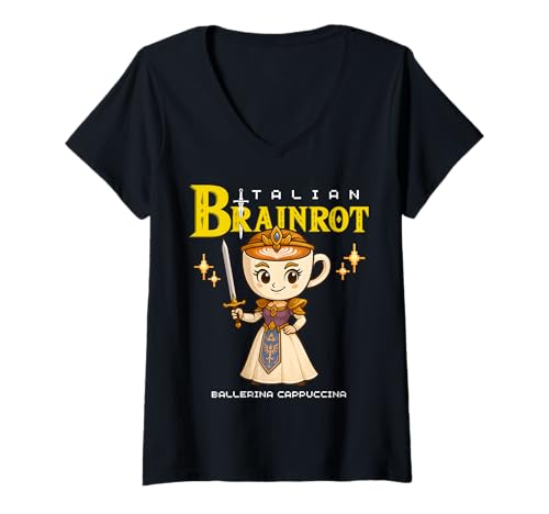 Damen Ballerina Cappuccino Italian Brainrot, Retro-Gamer-Kunstdesign T-Shirt mit V-Ausschnitt Damen Ballerina Cappuccino Italian Brainrot, Retro-Gamer-Kunstdesign T-Shirt mit V-Ausschnitt von Funny Internet Humor Meme Gaming Game Lover Kids