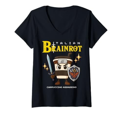 Damen Cappuccino Assassino Italian Brainrot, Retro-Gamer-Kunstdesign T-Shirt mit V-Ausschnitt Damen Cappuccino Assassino Italian Brainrot, Retro-Gamer-Kunstdesign T-Shirt mit V-Ausschnitt von Funny Internet Humor Meme Gaming Game Lover Kids