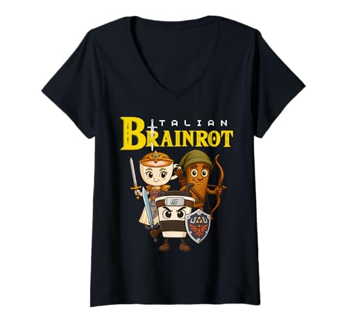Damen Italienisches Brainrot Meme Charakter Retro Gamer Art Design Kinder T-Shirt mit V-Ausschnitt Damen Italienisches Brainrot Meme Charakter Retro Gamer Art Design Kinder T-Shirt mit V-Ausschnitt von Funny Internet Humor Meme Gaming Game Lover Kids