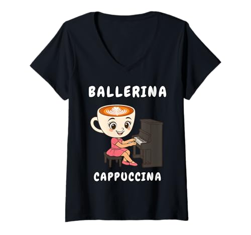 Damen Ballerina Cappuccino Klavier Niedlich Italienisch Brainrot Meme Girls T-Shirt mit V-Ausschnitt Damen Ballerina Cappuccino Klavier Niedlich Italienisch Brainrot Meme Girls T-Shirt mit V-Ausschnitt von Funny Internet Humor Musician Music Lover Kids
