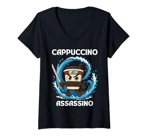 Damen Cappuccino Assassino Italian Brainrot Meme Samurai Lover Kid T-Shirt mit V-Ausschnitt von Funny Internet Humor Ninja Costume Kids Boys Girls