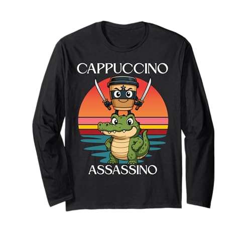 Cappuccino Assassino Italian Brainrot Meme Retro Sunset für Kinder Langarmshirt Cappuccino Assassino Italian Brainrot Meme Retro Sunset für Kinder Langarmshirt von Funny Internet Humor Ninja Samurai Birthday Boys