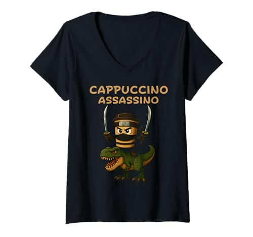 Damen Cappuccino Assassino Reitender Dinosaurier Italienischer Brainrot Meme T-Shirt mit V-Ausschnitt Damen Cappuccino Assassino Reitender Dinosaurier Italienischer Brainrot Meme T-Shirt mit V-Ausschnitt von Funny Internet Humor Ninja T-Rex Costume Kids Boys