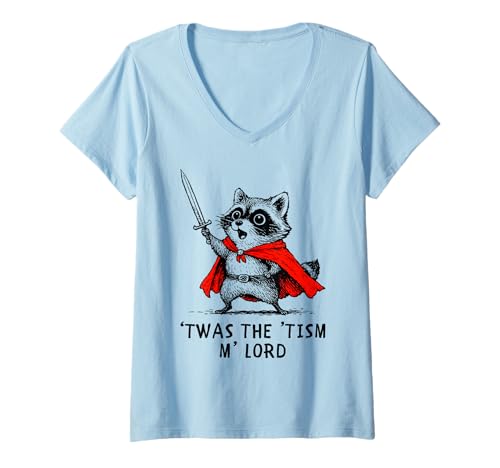 Damen TWAS The 'Tism M'Lord Cute Raccoon Knight Autismus-Bewusstsein T-Shirt mit V-Ausschnitt von Funny Internet Meme Medieval Warrior Raccoon Lover