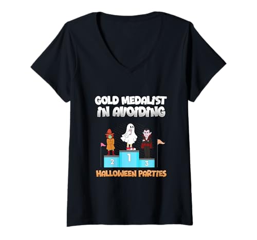 Damen Goldmedaillengewinner zur Vermeidung von Halloween-Partys Introvertierter Boo T-Shirt mit V-Ausschnitt Damen Goldmedaillengewinner zur Vermeidung von Halloween-Partys Introvertierter Boo T-Shirt mit V-Ausschnitt von Funny Introvert Creepy Spooky Halloween Costume