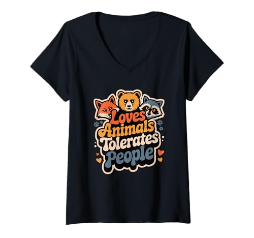 Damen Tierliebhaber Humor liebt Tiere toleriert Menschen antisozial T-Shirt mit V-Ausschnitt Damen Tierliebhaber Humor liebt Tiere toleriert Menschen antisozial T-Shirt mit V-Ausschnitt von Funny Introvert People Designs for Animal Lovers