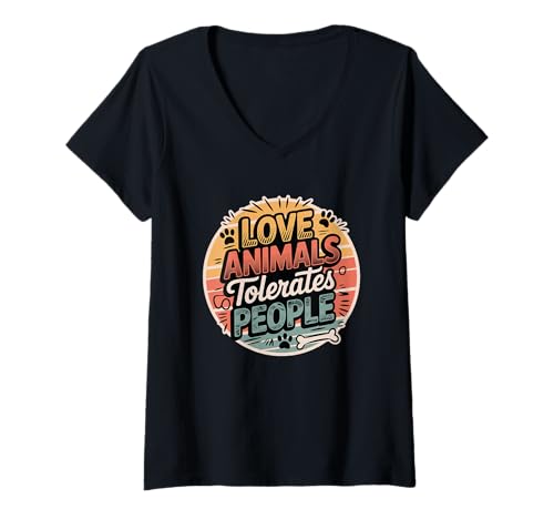Damen Tierliebhaber Humor liebt Tiere toleriert Menschen antisozial T-Shirt mit V-Ausschnitt Damen Tierliebhaber Humor liebt Tiere toleriert Menschen antisozial T-Shirt mit V-Ausschnitt von Funny Introvert People Designs for Animal Lovers