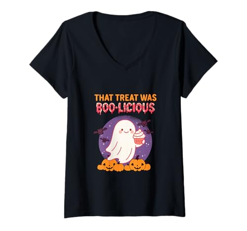 Damen Dieser Leckerbissen war Boo-Licious Pumpkin Halloween Trick & Treat T-Shirt mit V-Ausschnitt Damen Dieser Leckerbissen war Boo-Licious Pumpkin Halloween Trick & Treat T-Shirt mit V-Ausschnitt von Funny Introvert Spooky Squad Creepy Halloween