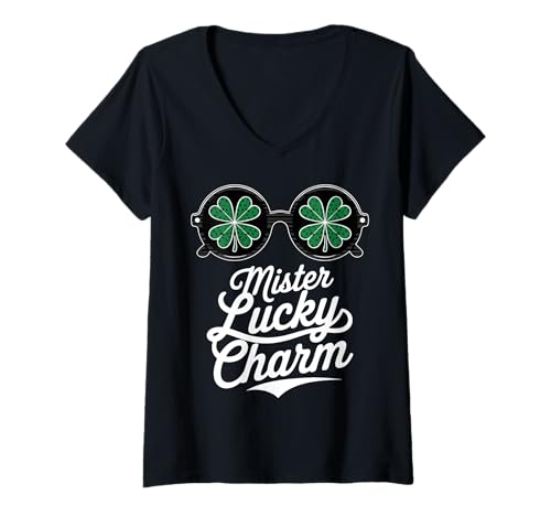 Damen Lucky Clover Sonnenbrille St Patrick's Day Retro T-Shirt mit V-Ausschnitt Damen Lucky Clover Sonnenbrille St Patrick's Day Retro T-Shirt mit V-Ausschnitt von Funny Irish Shamrock and Lucky Clover Apparel Co.