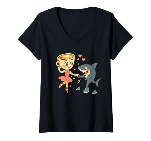Damen Ballerina Cappuccina Tanzt mit Tralalero Tralala Meme T-Shirt mit V-Ausschnitt Damen Ballerina Cappuccina Tanzt mit Tralalero Tralala Meme T-Shirt mit V-Ausschnitt von Funny Italian Brainrot for kids boys girls teens