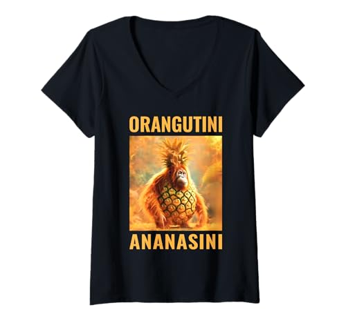 Damen Orangutini Ananasini Italienisches Brainrot Meme T-Shirt mit V-Ausschnitt Damen Orangutini Ananasini Italienisches Brainrot Meme T-Shirt mit V-Ausschnitt von Funny Italian Brainrot for kids boys girls teens