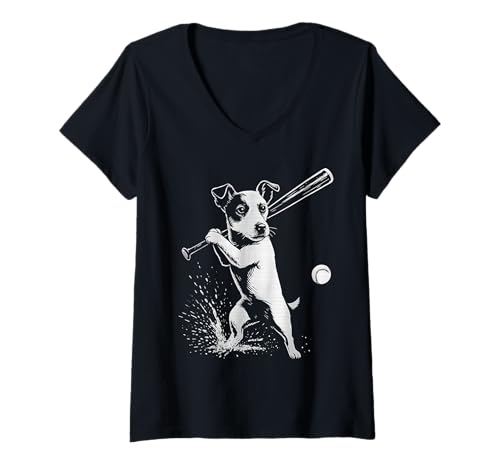 Damen Jack Russell Terrier Baseball Sport Hundeliebhaber T-Shirt mit V-Ausschnitt Damen Jack Russell Terrier Baseball Sport Hundeliebhaber T-Shirt mit V-Ausschnitt von Funny Jack Russell Baseball Player Dog Designs